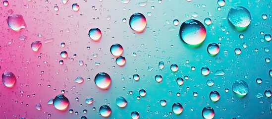 A multitude of liquid droplets, resembling circles, adorn the window against a pink and electric blue background, showcasing the beauty of moisture in nature