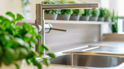Obraz na płótnie Canvas Stylish Kitchen with Modern Faucet and Lush Greenery