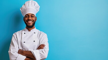 American chef with a smile, dressed in a cooking uniform on a blue backdrop