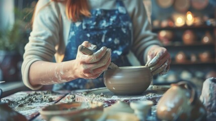 Close-up of skilled artisan hands molding clay on pottery wheel with tools and pottery pieces in a ceramic studio. - obrazy, fototapety, plakaty