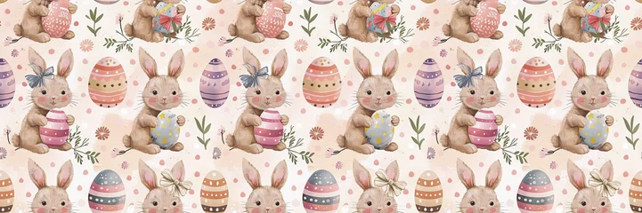 Fotobehang Seamless pattern of Easter eggs and little rabbits in watercolor style. Generative AI. © Alena