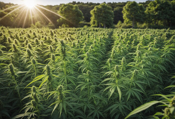 Young cannabis plants, a farm plantation, and a hemp business colourful background