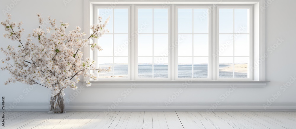 Poster An empty room with a vase of flowers sitting on a wooden window sill. The sun shines through the window, creating tints and shades on the rectangle of the wall