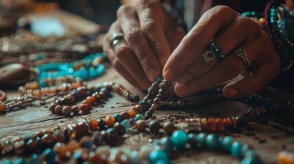 A close-up of an artisan hands as they skillfully create unique handmade jewelry from an assortment of beads on a rustic wooden table.
