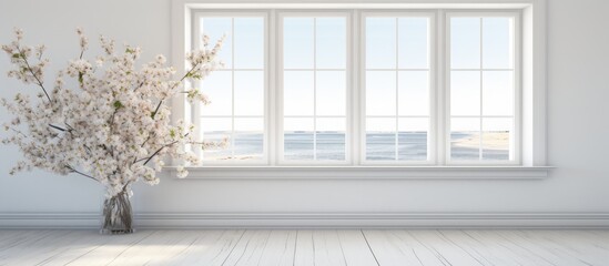An empty room with a vase of flowers sitting on a wooden window sill. The sun shines through the window, creating tints and shades on the rectangle of the wall