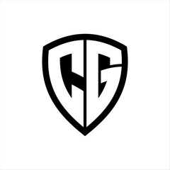 CG monogram logo with bold letters shield shape with black and white color design