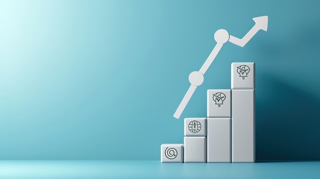 Graph steps on a blue backdrop with a target icon and rise up arrow on white blocks.