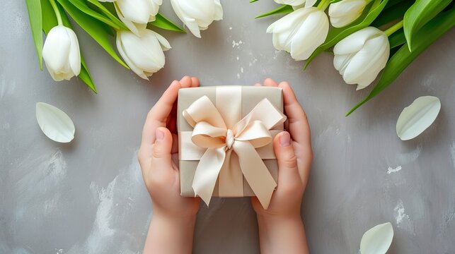 A lovely present box with white tulips and a ribbon is held in the hands.
