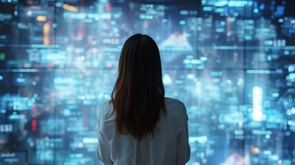 woman engrossed in holographic displays corporate technology.