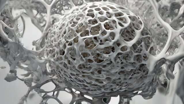 A spherical 3D-printed microstructure with a complex white pattern, representing material science and advanced manufacturing technology.
