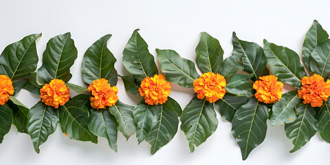 Traditional Indian floral garland with marigold flowers and mango leaves. Decoration for Indian hindu holidays or wedding. Generative ai 