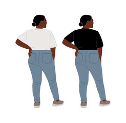 Plus size black woman wearing casual street fashion outfit, white, black t-shirt, jeans, sneakers. African american curvy female character standing back, rear view. Tshirt mockup. Vector isolated.