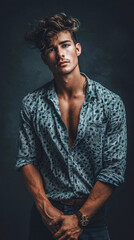 detailed photograph of a gorgeous male model, wearing trendy summer clothes, creative dark background, moody, serious. Attrractive male model, dark mood, portrait, photo shoot.