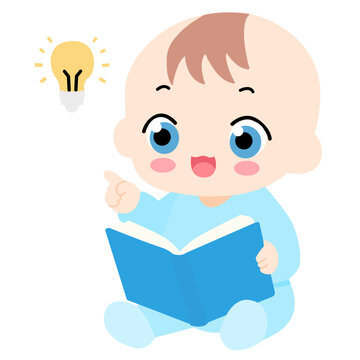 Cartoon baby boy reading a book 