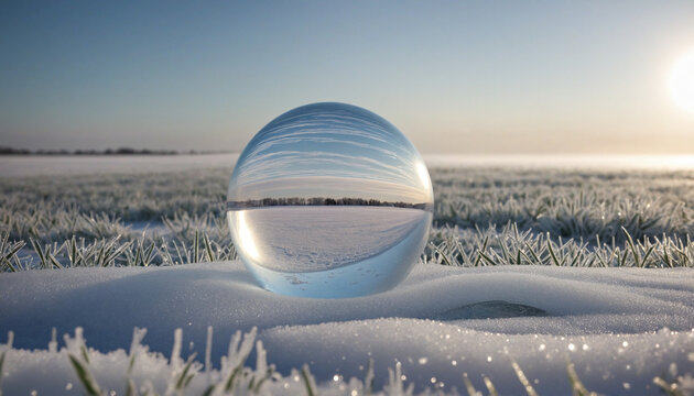 transparent frozen ball in the field colourful background