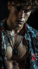 Obraz premium detailed photograph of a gorgeous male model, wearing trendy summer clothes, creative dark background, moody, serious. Attrractive male model, dark mood, portrait, photo shoot.
