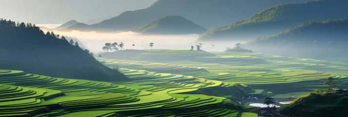 Zelfklevend Fotobehang panorama of green hills with rice terraces without people. © MaskaRad