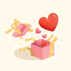 Gift box with hearts and ribbon. Unbox or Opened gift box with hearts inside the box.