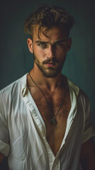 Fototapeta premium detailed photograph of a gorgeous male model, wearing trendy summer clothes, creative dark background, moody, serious. Attrractive male model, dark mood, portrait, photo shoot.