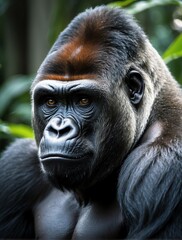 Obraz premium Vertical portrait of a fierce gorilla looking at camera from Generative AI