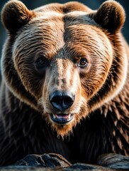 Vertical portrait of a fierce grizzly bear looking at camera from Generative AI