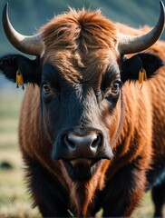 Vertical portrait of a fierce ox looking at camera from Generative AI - obrazy, fototapety, plakaty