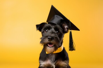 funny Scotch terrier puppy in a black graduate hat on a yellow background. a student, a schoolboy. a pet.