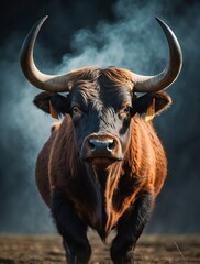 Vertical portrait of a fierce ox looking at camera from Generative AI - obrazy, fototapety, plakaty
