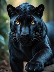 Naklejka na ściany i meble Vertical portrait of a fierce panther looking at camera from Generative AI