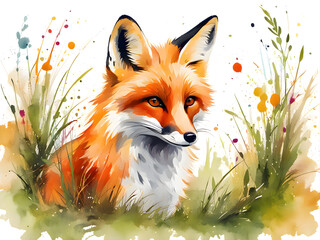 A red fox hiding in the grass watching your colorful illustrations