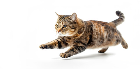 Playful Fat Cat Soaring Midair on White Background During Jumping Moment