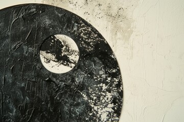 Black and white abstract painting. There is a small white circle in the center of the black paint, and there are splatters of black and white paint all over the canvas.