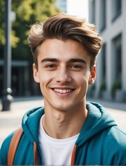 Vertical portrait of beautiful Caucasian indigenous young man gen z university student smiling happy looking at camera education advertising ad concept from Generative AI