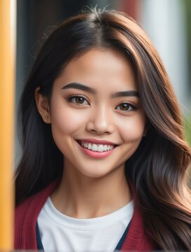 Vertical portrait of beautiful filipina indigenous young woman gen z university student smiling happy looking at camera education advertising ad concept from Generative AI