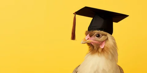 Fotobehang funny chicken in a graduate hat, yellow background. graduation from an educational institution and the educational process. © MaskaRad