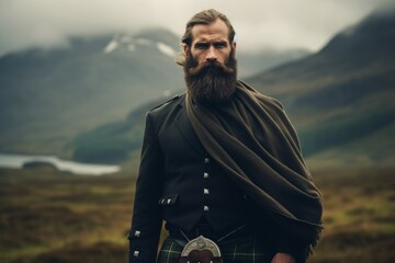 man in a kilt against the background of mountains, cinematic shot. - obrazy, fototapety, plakaty