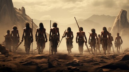 A group of people are walking through a desert, some of them carrying spears - obrazy, fototapety, plakaty