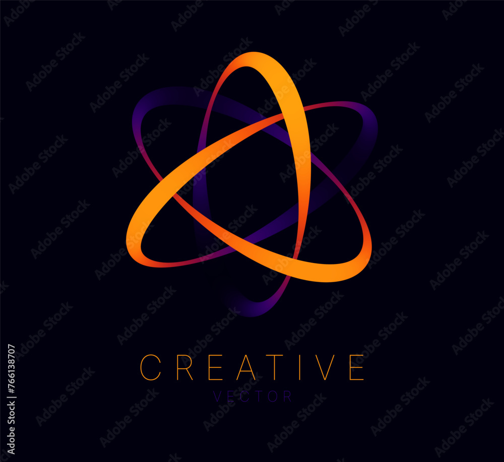 Poster Dynamic Atom Shape. Abstract Molecule Modern Graphic Design Element. Geometric Science Physics Atom Symbol. Colorful Gradient Blend Design. Creative Vector Template.