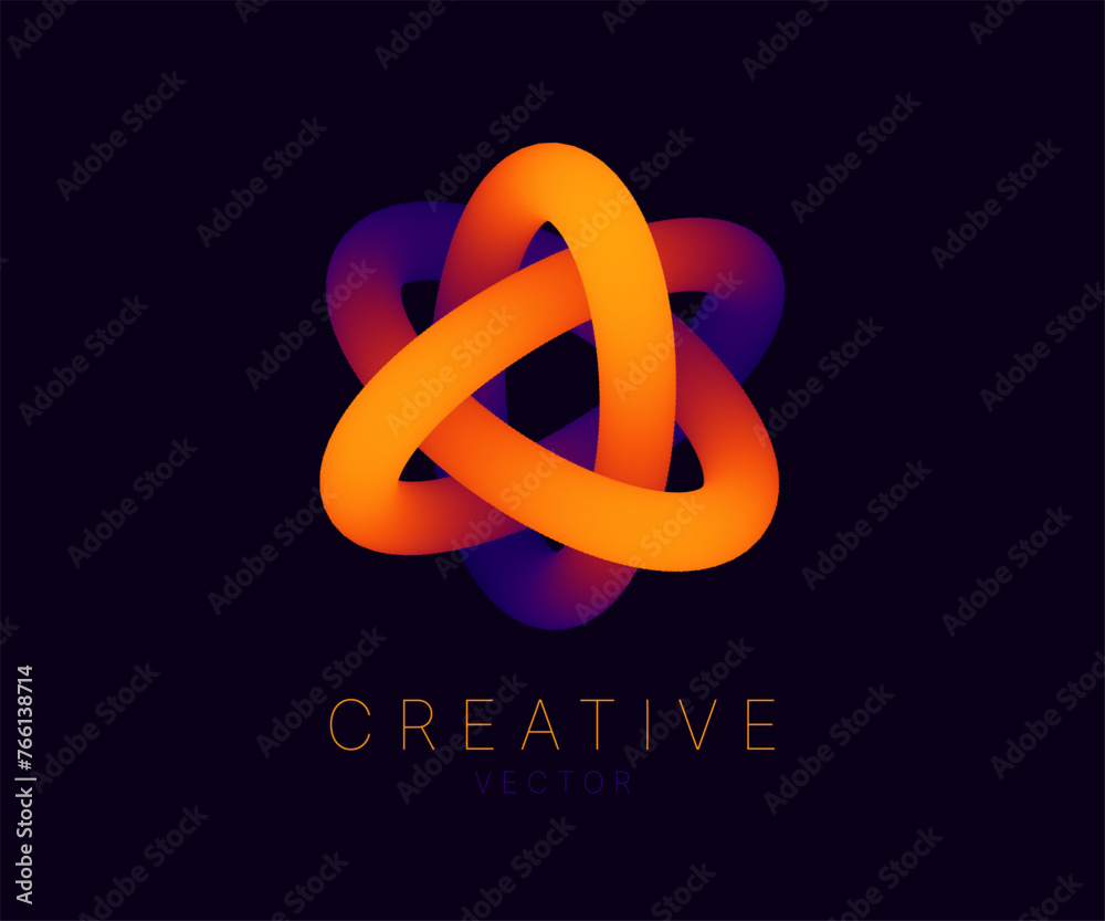 Poster Dynamic Atom Shape. Abstract Molecule Modern Graphic Design Element. Geometric Science Physics Atom Symbol. Colorful Gradient Blend Design. Creative Vector Template.