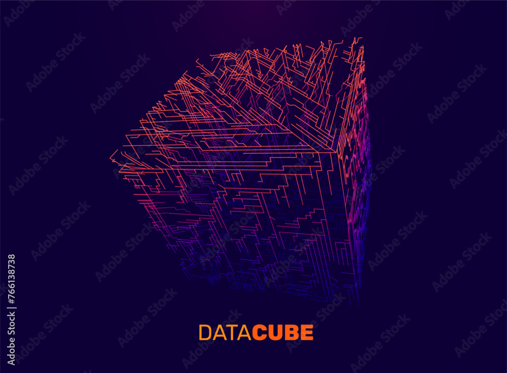 Poster Big Data Cube Quantum Computer Server Concept Background. 3D Blockchain Cube Blocks Concept. Purple to Orange Cube Circuit Lines Futuristic HUD Object. Vector Illustration.