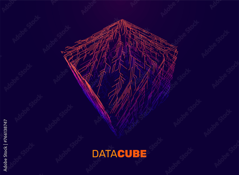 Poster Big Data Cube Quantum Computer Server Concept Background. 3D Blockchain Cube Blocks Concept. Purple to Orange Cube Circuit Lines Futuristic HUD Object. Vector Illustration.