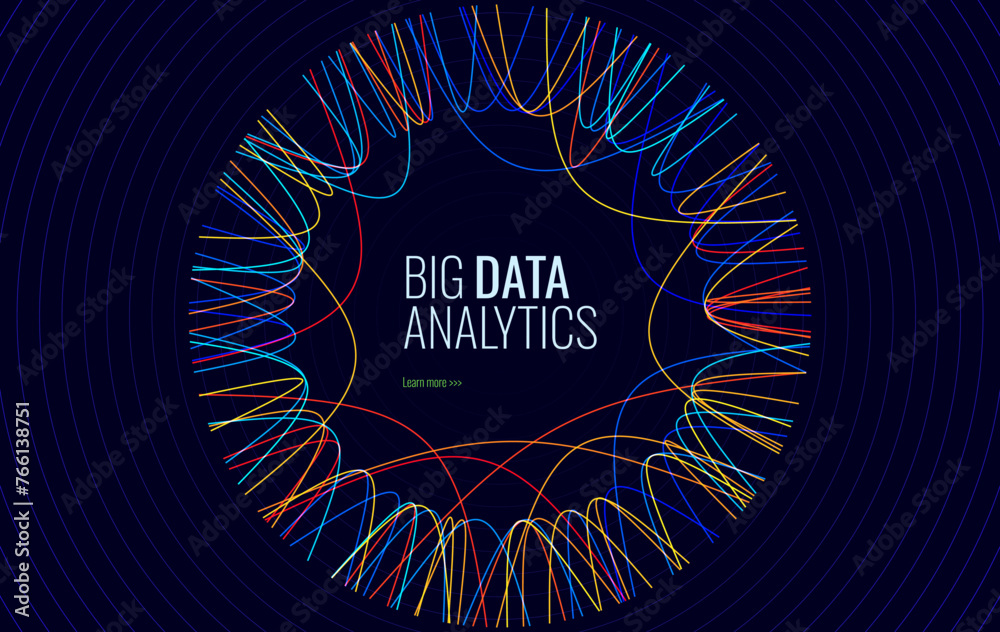 Poster Big Data Visualization Vector. Circle Data Graph Connections. Digital Statistical and Analysis Methods Visual Data Science Concept. Technology Vector Illustration.