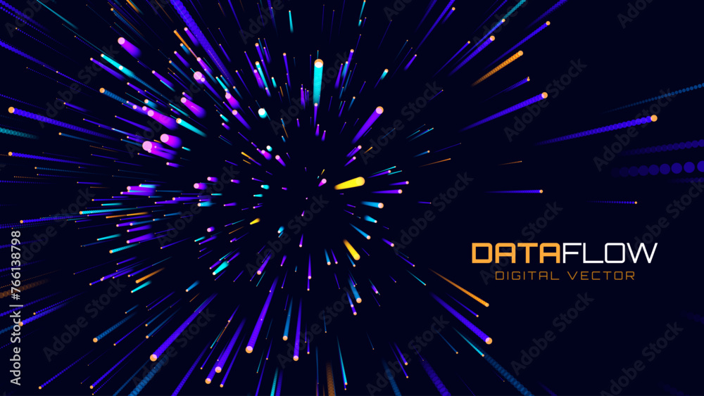 Poster Digital Data Flow Vector Background. Big Data Technology Lines. 5G Wireless Data Transmission. High Speed of Light Trails. Information Flow in Virtual Reality Cyberspace. Vector Illustration.