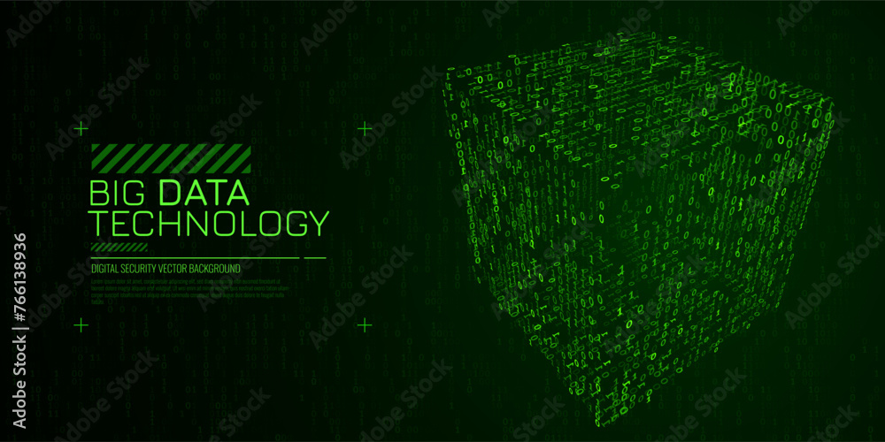 Poster Big Data 3D Cube in Matrix Style. Quantum Computer CPU Core Code Concept Background. 3D Blockchain Cube Blocks Concept. Data Sorting. Artificial Intelligence HUD Design Element. Vector Illustration.