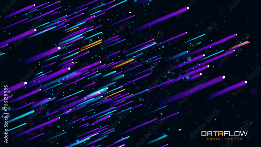 Poster Digital Data Flow Vector Background. Big Data Technology Lines. 5G Wireless Data Transmission. High Speed of Light Trails. Information Flow in Virtual Reality Cyberspace. Vector Illustration.