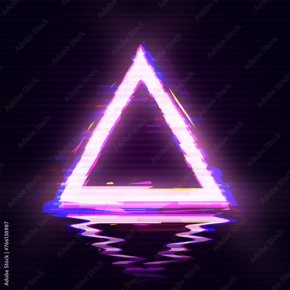 Poster synthwave/ vaporwave/ retrowave aesthetic glitch triangle design. distorted glitch style modern back