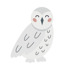 Cute cartoon hand drawn white polar owl on isolated white background. Character of the arctic, tundra, forest animals for the logo, mascot, design.
