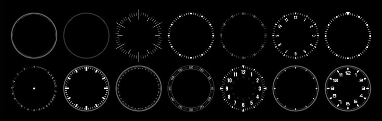 Mechanical Clock Style Smartwatch Faces Bezel Designs. Digital Watch HUD Dial with Minute, Hour, Second Marks. Timer or Stopwatch. Blank Measuring Circle Scale Vector Illustration. - obrazy, fototapety, plakaty