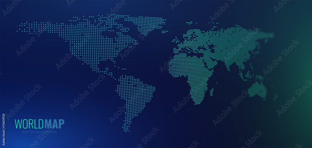 Poster Digital Pixel World Map In Futuristic Sci-Fi Style. Concept Of Communication Network World. Globalization Background Texture. Vector Illustration.