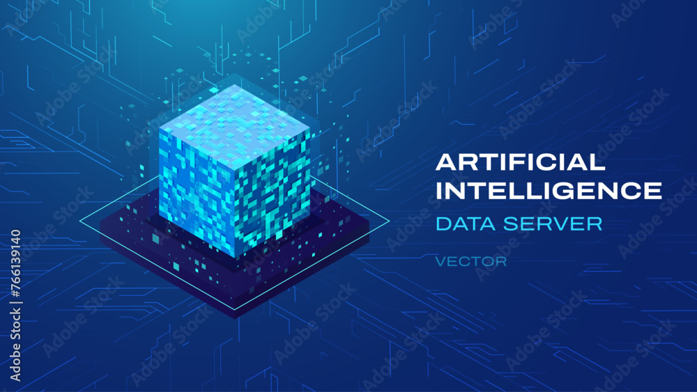 Poster Artificial Intelligence 3D Cube Isometric Icon. Big Data Server Storage. Machine Learning Algorightms and Data. Technology and Computer Science Icon Design. Vector Illustration.